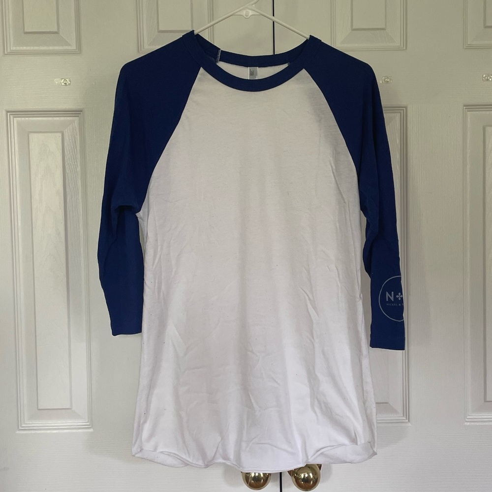 Blue and white baseball tee